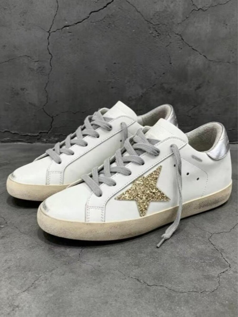 Golden Goose Cream Sneakers with Pink Glitter Star and Rose Gold Heel